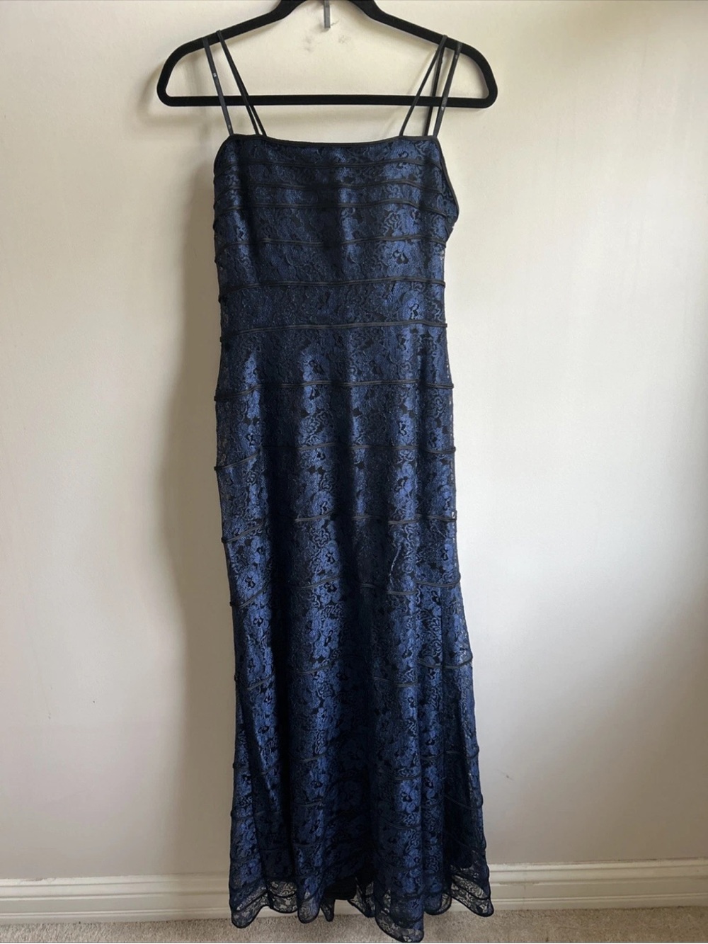 Tadashi Straps Navy Blue Black Lace Tulle Maxi Dress Formal Gown Party Sz S/M?